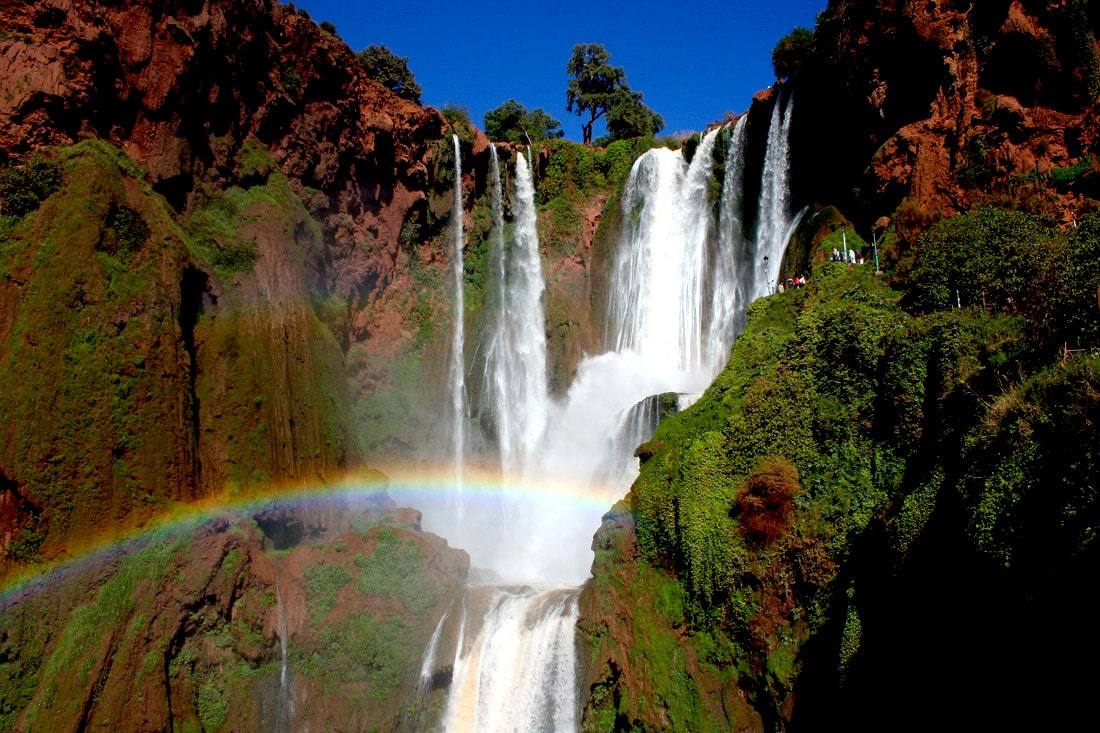 Vue panoramique des impressionnantes cascades d'Ouzoud plongeant dans un bassin naturel verdoyant au Maroc.