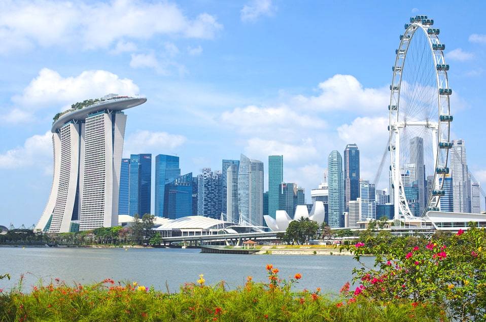 Vue panoramique sur l'architecture futuriste et la végétation luxuriante de Gardens by the Bay à Singapour.