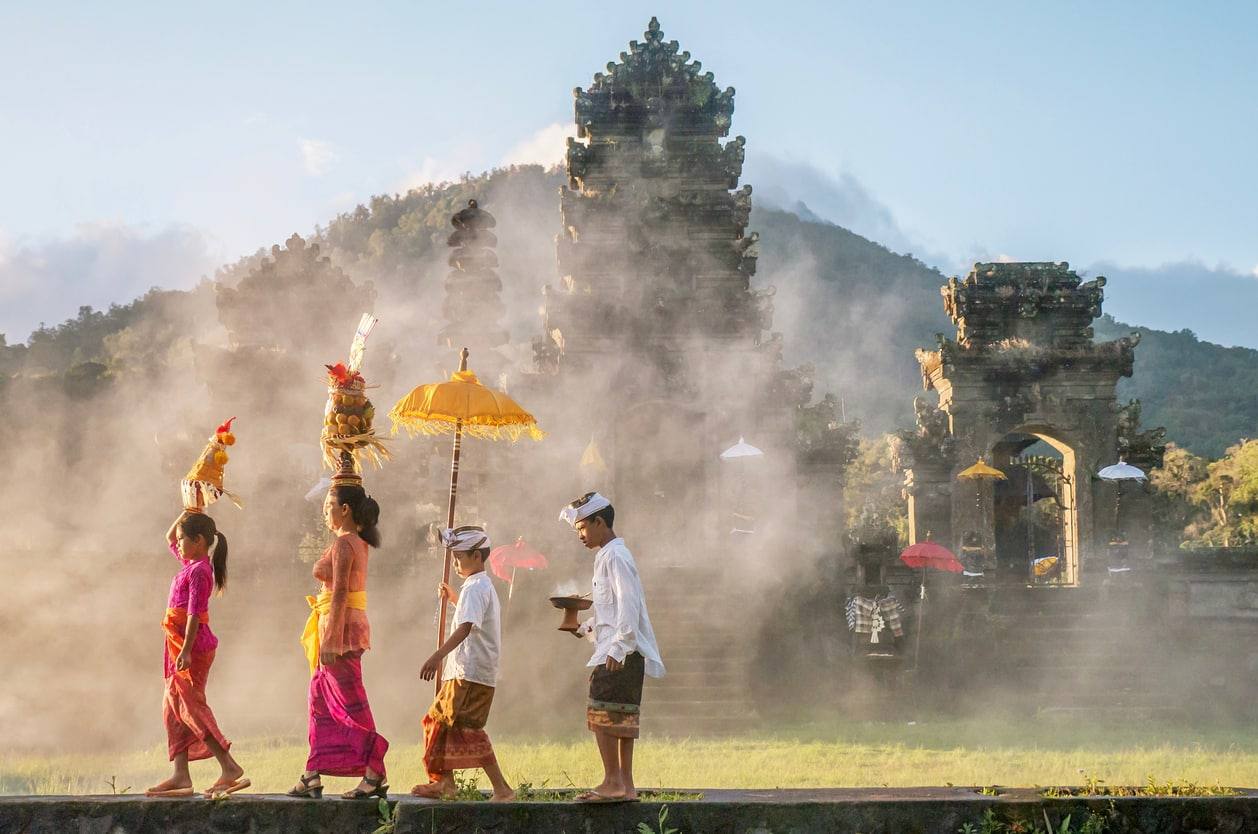 Les rizières en terrasses verdoyantes de Jatiluwih à Bali, avec la forêt tropicale en arrière-plan.