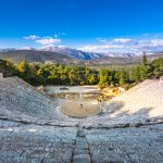Le théâtre antique d'Epidaure (ou "Epidavros"), préfecture d'Argolide, Péloponnèse, Grèce.