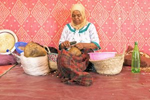 Femme au travail pour la production de l'huile d'argan du Maroc