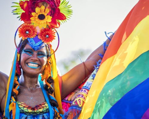 Rio de Janeiro, Brazil - February 9, 2016: Beautiful Brazilian woman of African descent wearing colourful costume and smiling at Carnaval 2016 parade in Rio de Janeiro, Brazil.